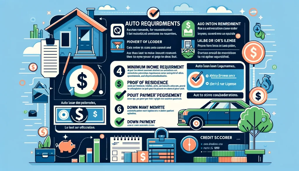 DALL·E 2024 02 22 21.30.37 Create an infographic that details the auto loan requirements for DriveTime. The graphic should include a list of criteria such as minimum income requ 1