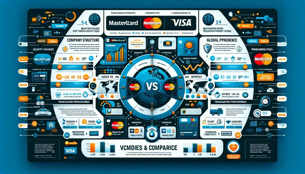 DALL·E 2024 02 22 23.08.46 Create a visually engaging infographic comparing Mastercard and Visa highlighting their differences in company structure global presence card offer 1