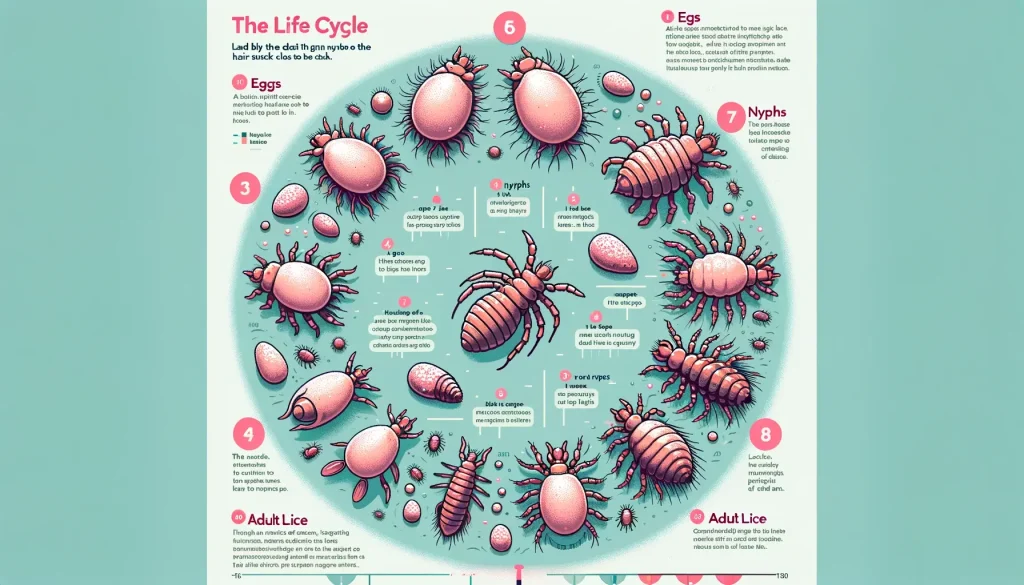 DALL·E 2024 02 24 16.44.27 Create an educational and visually engaging infographic titled The Life Cycle of Lice. The infographic should detail the stages of a louses life cy 2